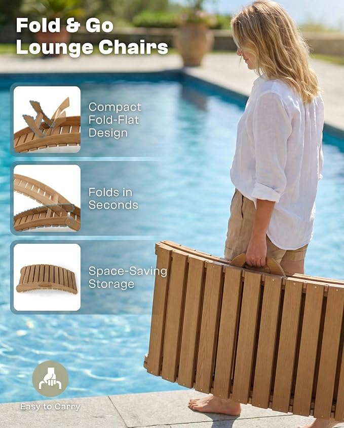 Folding HDPE Pool Lounge Chairs Set of 6, Pre-Assembled Outdoor Chaise Lounge - Image 3