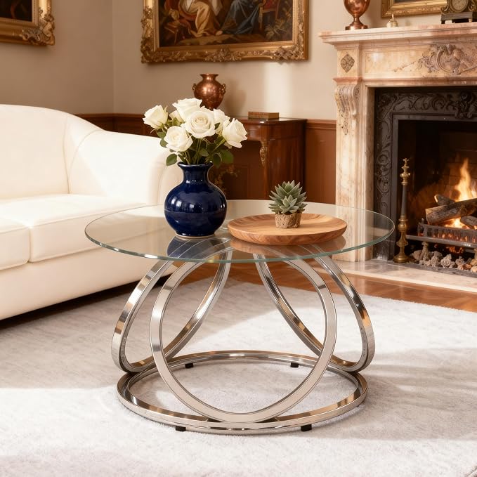 O&K FURNITURE Silver Coffee Table, Modern Glass Coffee Table Living Room Table - Image 7