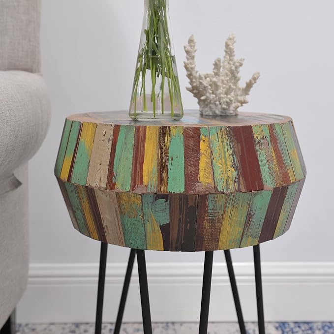 Drum Round Wood Side Table 16" x 16" x 21" H Reclaimed Rustic Multicolor Patio - Image 10