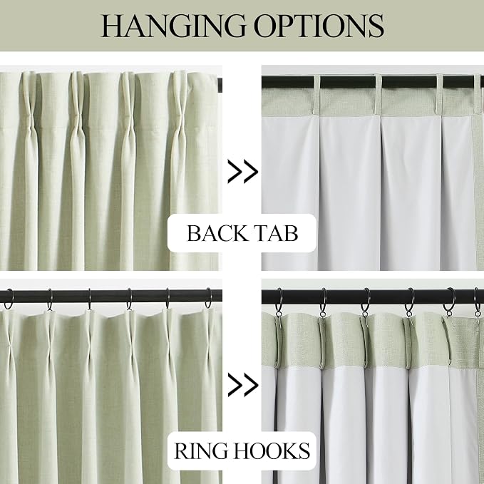 Vision Home Soft Green Pinch Pleated Full Blackout Curtains Linen Blended Room - Image 4