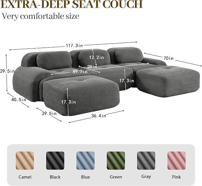 Boneless Sectional Couch, No Assembly Required, 117.3” U Shaped Modular Cloud - Image 3