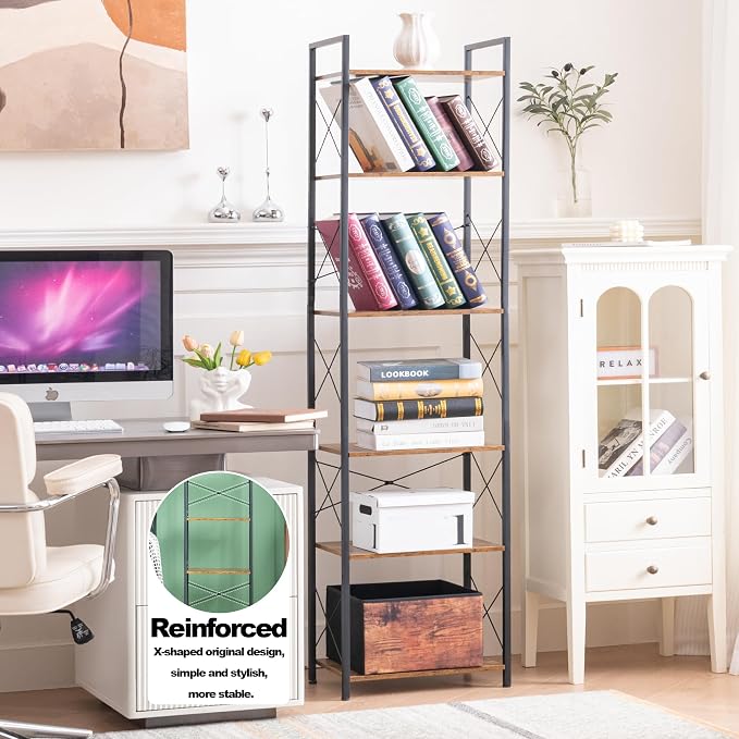 HCHQHS Narrow Bookshelf, Adjustable 6-Tier Industrial Bookcase, Rustic Open - Image 7