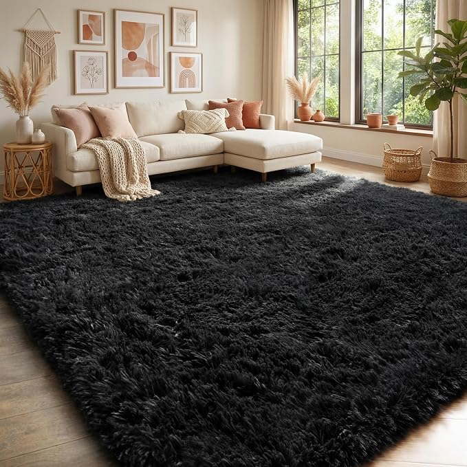 4x6 Ft Fluffy Bedroom Rugs Black Neutral Living Room Area Rug Shaggy Carpet | - Image 8