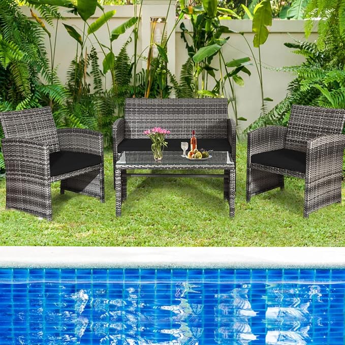 Tangkula 4 PCS Wicker Patio Conversation Set, Outdoor Rattan Sofas - Image 4