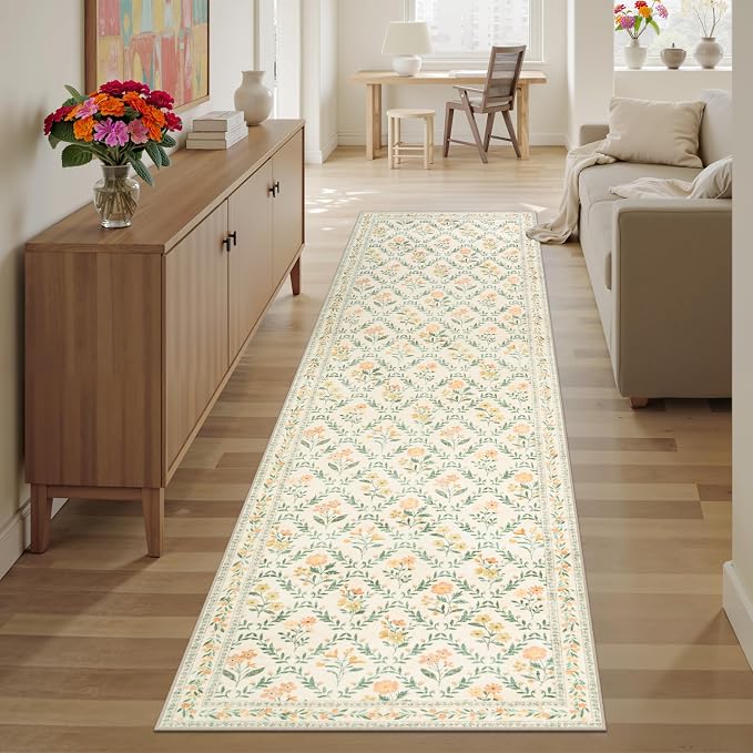 PLHXFR 2.6x10 Washable Runner Rug：Floral Indoor Kitchen Carpet Beige Multi | - Image 6