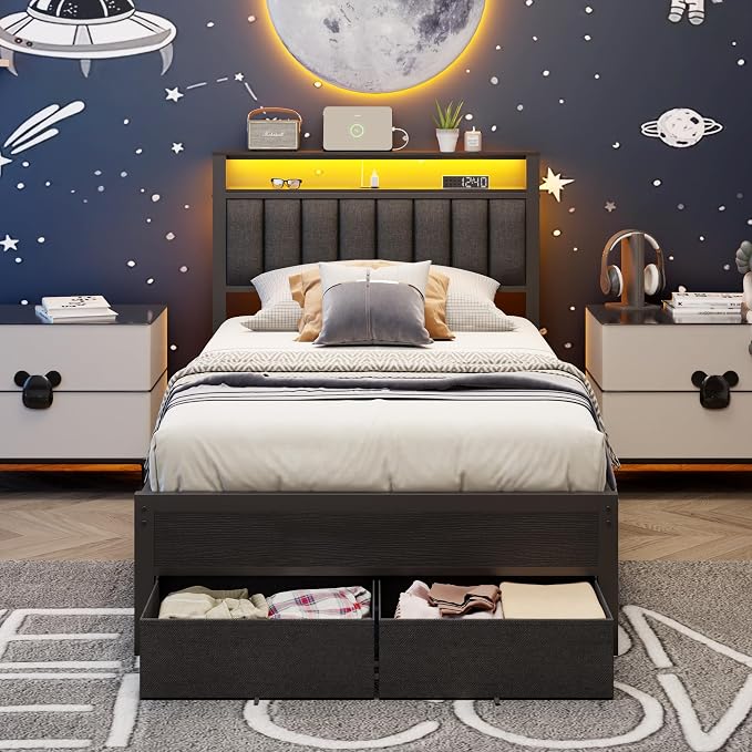 Furnulem Twin Bed Frames with Charging Station and LED Lights, Metal Platform - Image 6