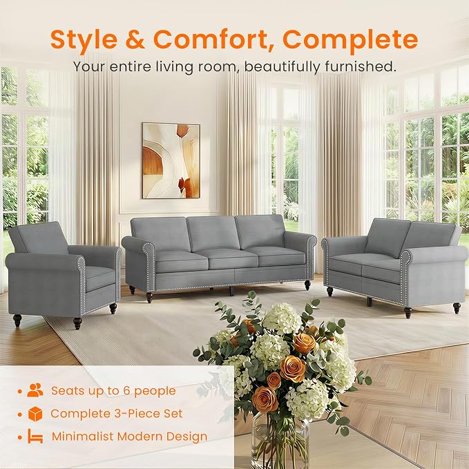 Living Room Sofa Sets 3 Piece, Modern 3 Seater Sofa and Loveseat Couch and - Image 2