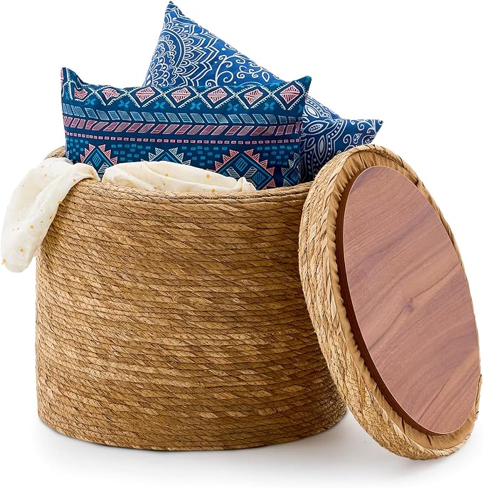 Wimarsbon Round Pouf Ottomans, Handwoven Natural Water Hyacinth Seagrass Pouffe by Wimarsbon