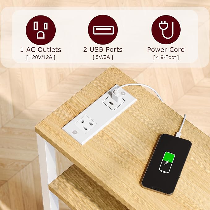 Narrow Side Table with Charging Station Slim End Table Sofa with Magazine Rack - Image 4