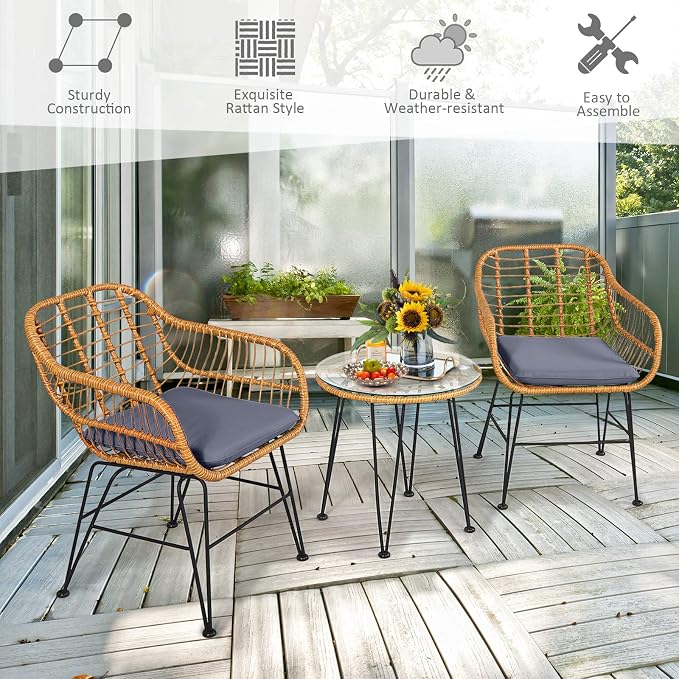 Tangkula 3 Pieces Patio Bistro Set, Rattan Conversation Set - Image 8