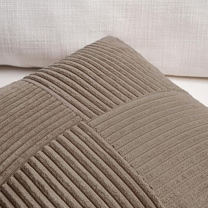Fancy Homi Set of 2, Light Brown Patchwork Corduroy Decorative Soft Striped - Image 3