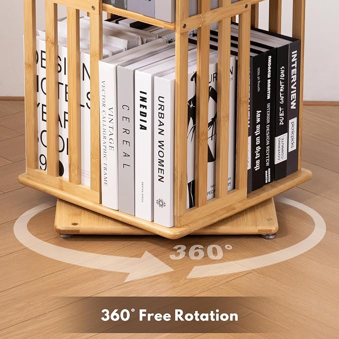 YOWOS Rotating Bookshelf Tower, 360° Display Spinning Bookcase, Bamboo - Image 4