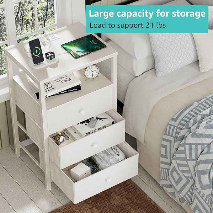 BOLUO White Night Stand with 3 Fabric Drawers, Nightstand with Charging Station - Image 5