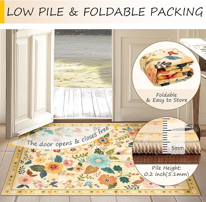 Floral Washable 2x6 Area Rugs Runner Entryway Hallway Ivory/Yellow | Flower - Image 5