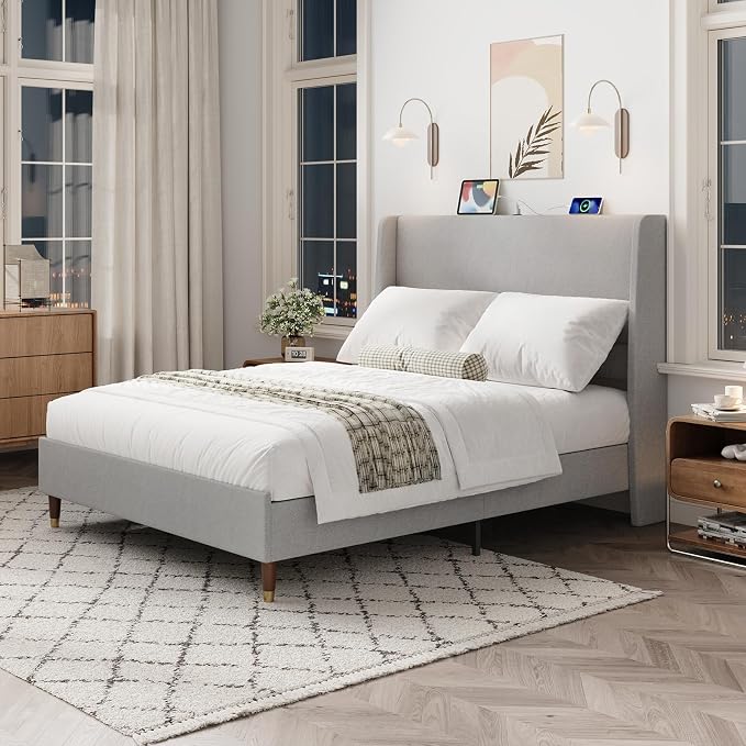 MALOL Full Size Bed Frame with Upholstered Headboard, Linen Fabric Platform Bed - Image 8