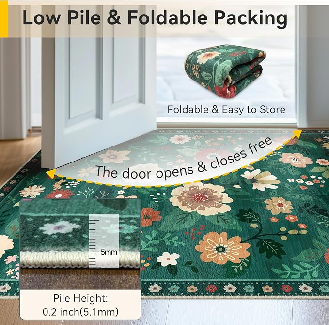 RELEANY Floral Washable 9x12 Area Rugs DarkGreen | Flower Carpet Print Boho - Image 4