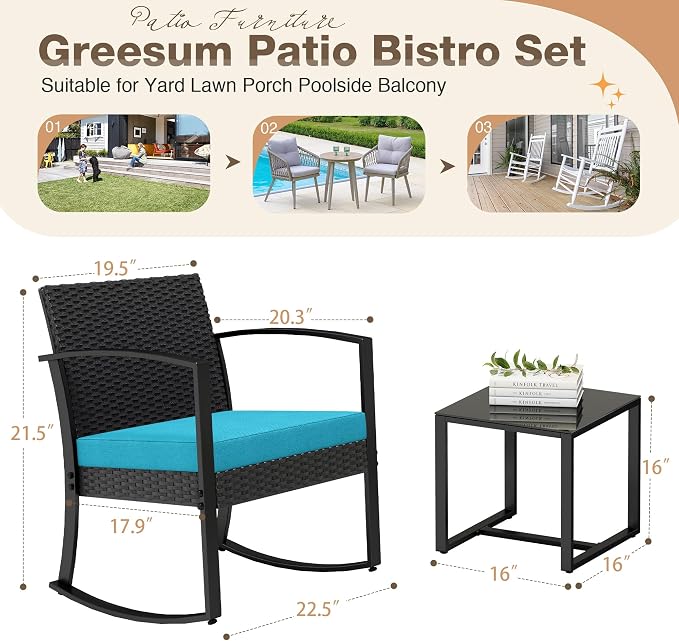 Greesum 3 Piece Outdoor Bistro Set, Imitation Rattan Conversation Set, Patio - Image 7