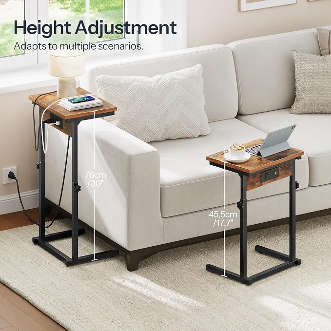 HOOBRO C-Shaped End Table with Charging Station, Adjustable Height Sofa Tray - Image 3