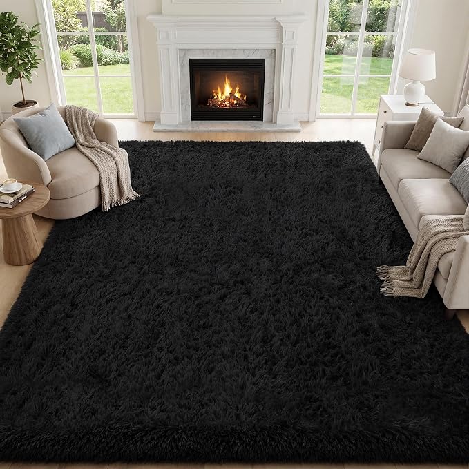 PLHXFR 9x12 Area Rugs Living Room: Fluffy Bedroom Rug Shag Carpet Black | - Image 2