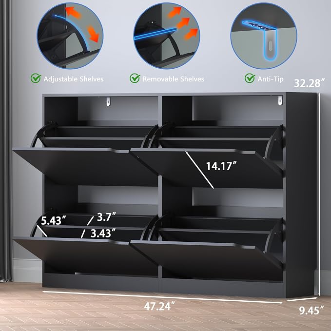 BORNOON Shoe Cabinet with 4 Flip Drawers, Narrow Hidden Shoe Storage Cabinet - Image 2