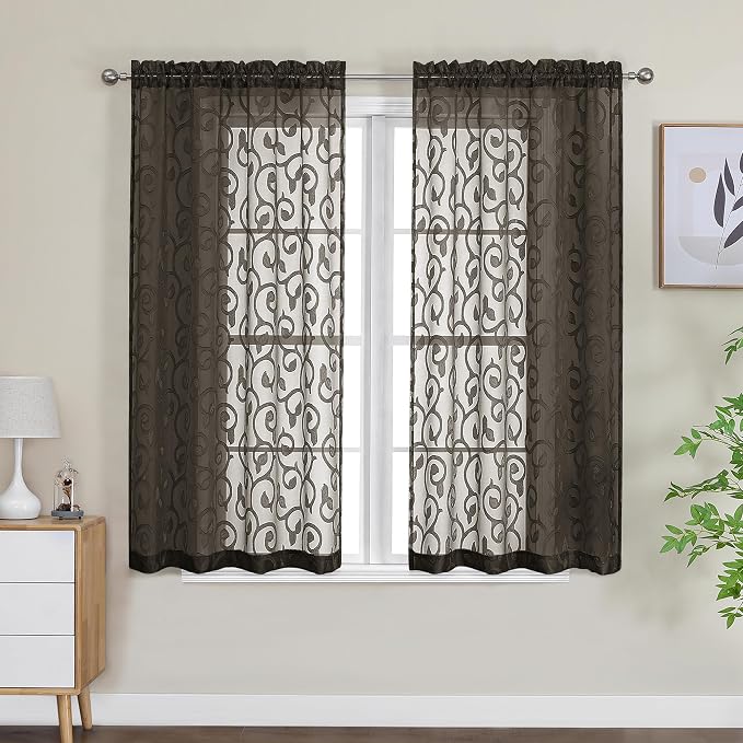Furman Sheer Curtains Chocolate 45 Inch Length 2 Panels Set, Jacquard Clip by OWENIE