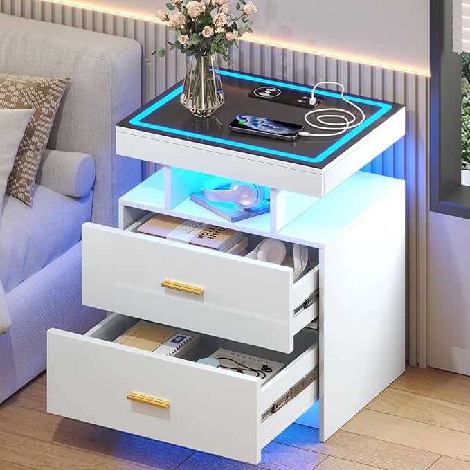 LED Nightstand with Wireless Charging Station, Glass Top Smart Bedside Table by MDGC