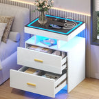 LED Nightstand with Wireless Charging Station, Glass Top Smart Bedside Table by MDGC