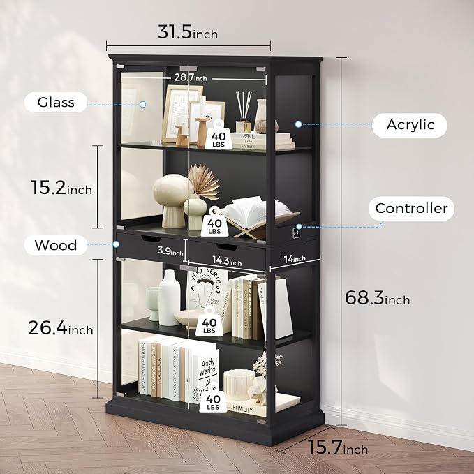 Jocoevol Display Cabinet with Glass Doors, 4-Tier Glass Display Case with Human - Image 2