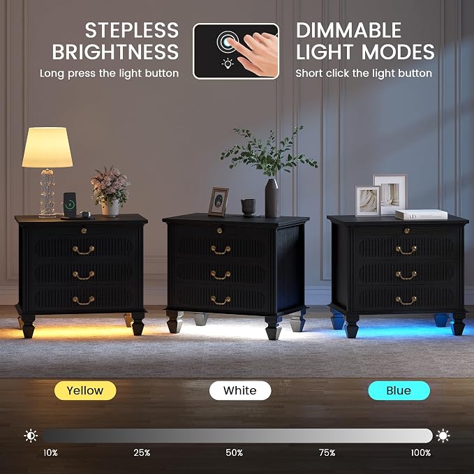 25.6'' Wide Bedside Table with 3 Drawers & Pull-out Tray, Smart Night Stand - Image 3