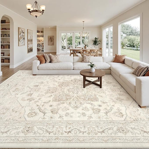 10x14 Area Rugs Living Room: Bedroom Washable Carpet Beige White | Vintage Boho by Luxturiy