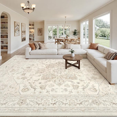 10x12 Area Rugs Living Room: Bedroom Washable Carpet Beige White | Vintage Boho by Luxturiy