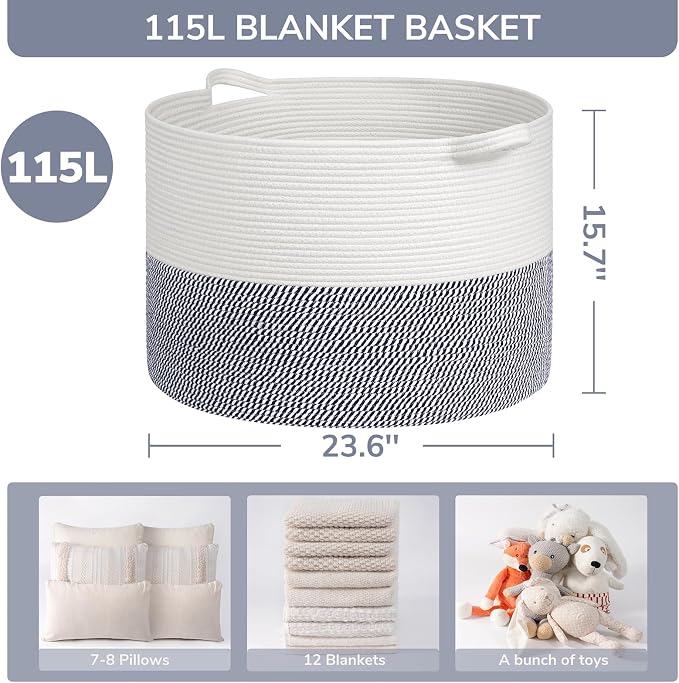 INDRESSME 115L Extra Large Cotton Rope Basket, Blanket Basket - Image 2
