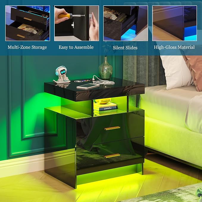 WOOVIVS Night Stand Set 2 with USB/Type-C/Wireless Charging Station, Blakc - Image 6