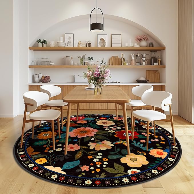 RELEANY Floral Washable Round 4ft Area Rug Black | Flower Carpet Print Boho - Image 9