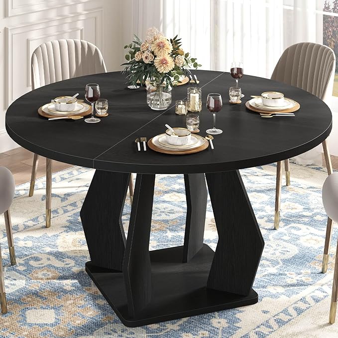 IBF Black Round Dining Table for 4-6, 47 Inch Kitchen Table by IBF