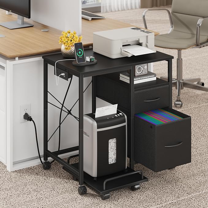 YAOHUOO Printer Stand with Power Outlet/Fabric Drawers, Printer Cabinet with - Image 2