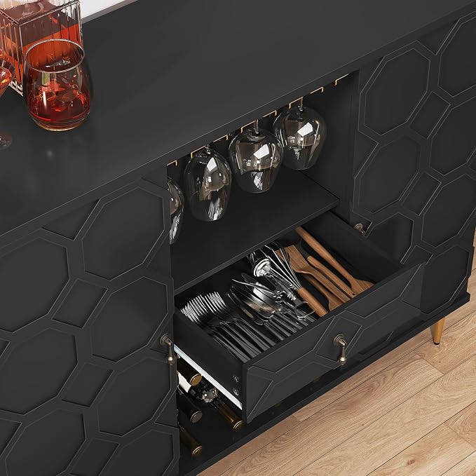 Modern Bar Cabinet with Drawer, Liquor Cabinet with Wine Glass Racks and Shelves - Image 5