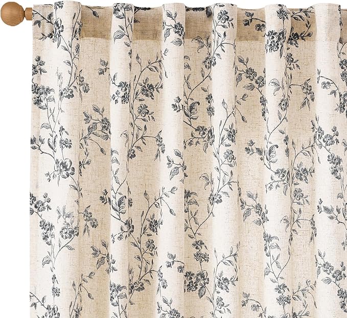 Black Vintage Floral Linen Curtains Farmhouse 50W X 90L 2 Panels | Elisa Series by Lazzzy