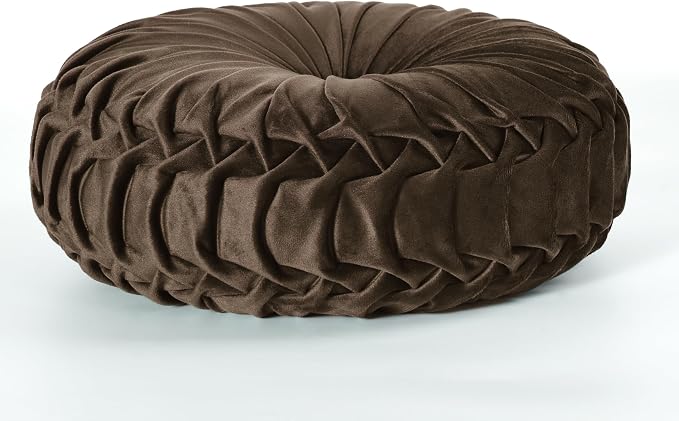 HIG Set of 2 Chocolate Velvet Decorative Round Pleated Throw Pillows | Vintage - Image 5