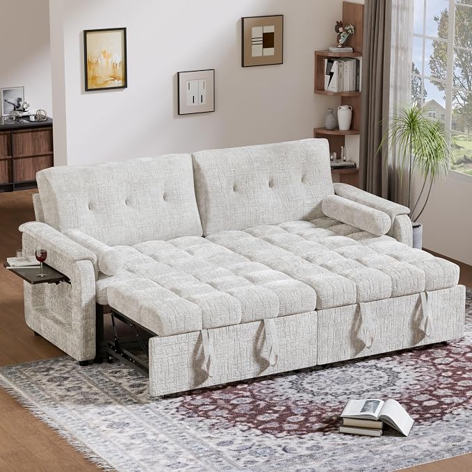 Convertible Sleeper Sofa Bed, 86 Inch Chenille Pull Out Couch by Outdoorchairs