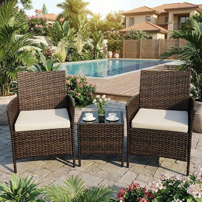 3PCS Outdoor Patio Bistro Set, PE Rattan Wicker Armchairs - Image 9