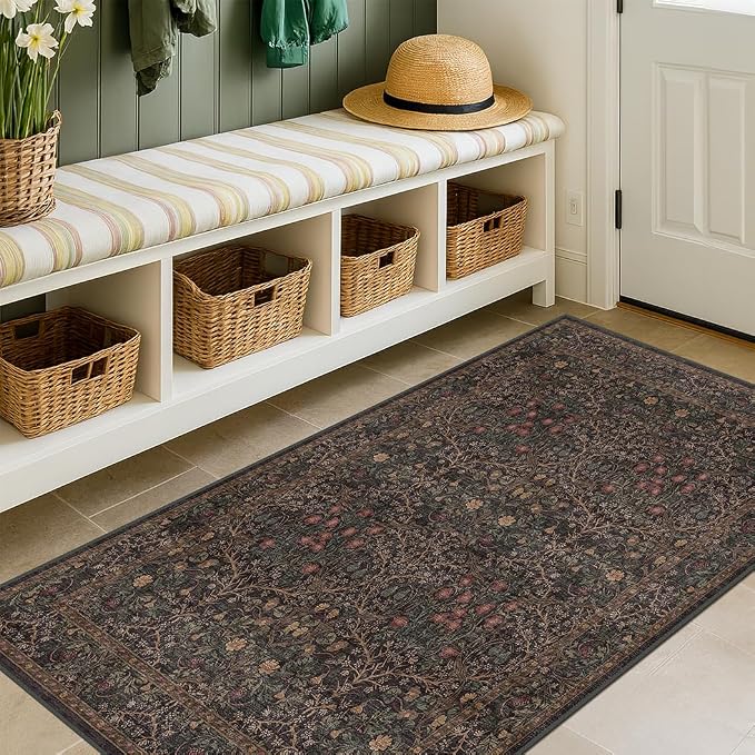 Washable 3x6 Runner Rug for Entryway, Dark Brown Boho Large Kitchen Rug by HazoHaus