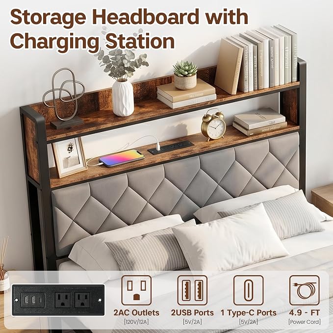 Full Size Bed Frame with Dual-Layer Headboard and Footboard, Bed Frame Full - Image 3