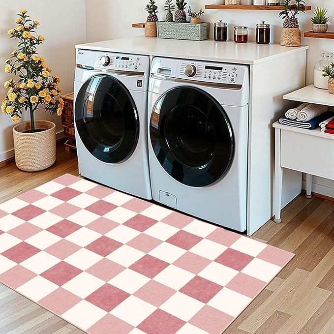 Pink White Checkered Entry Rug - Image 8