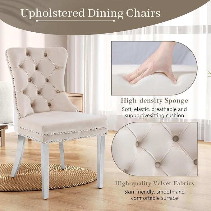 KCC Velvet Dining Chairs Set of 2, Upholstered High-end Tufted Dining Room Chair - Image 3