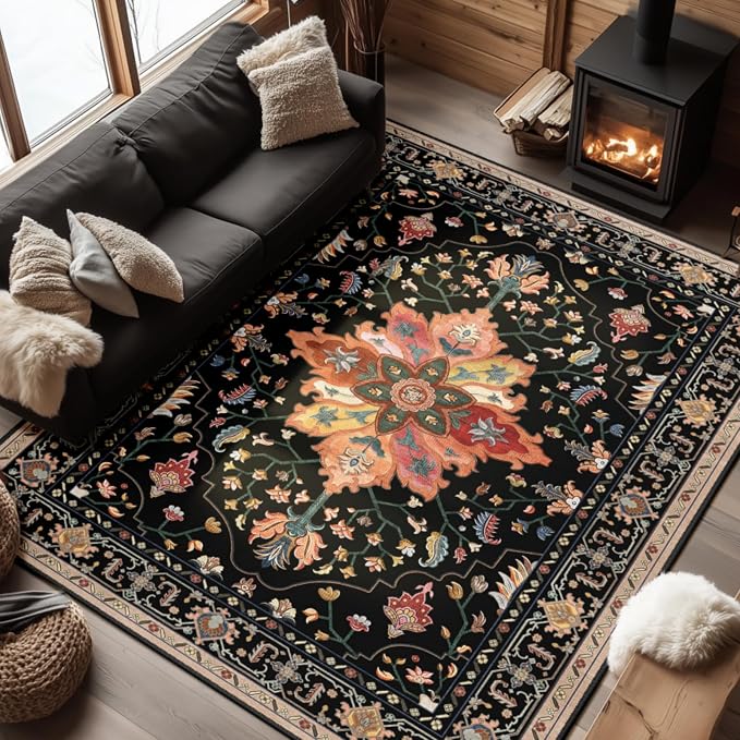 RELEANY Washable Area Rug, Water Repellent, Pet Friendly, Vintage Floral Boho by RELEANY