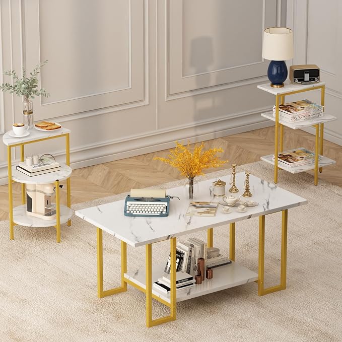 AWQM Faux Marble Table Set, Coffee Table & 2 Side Table, Faux Marble Tabletop by AWQM
