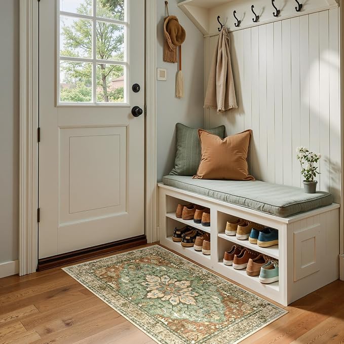RELEANY Washable Area Rug, Small 2'x4', Brick/Brown/Green | Non-Slip, Water by RELEANY