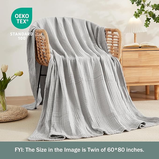 EMME Muslin Blankets for Adults Grey Small Blanket 40" x 50" | Throw Blanket - Image 2