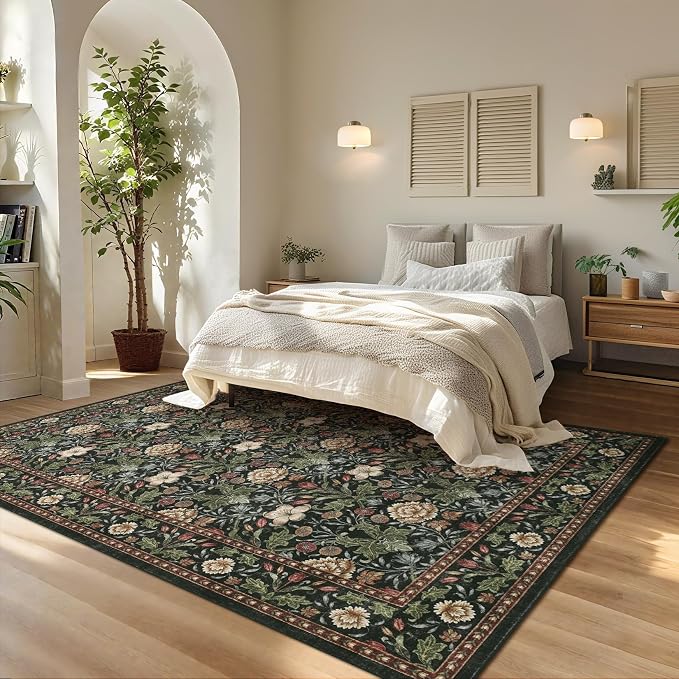 GarveeHome Green Washable Area Rug 5x7, Retro Floral Low Pile Non Slip Living - Image 3